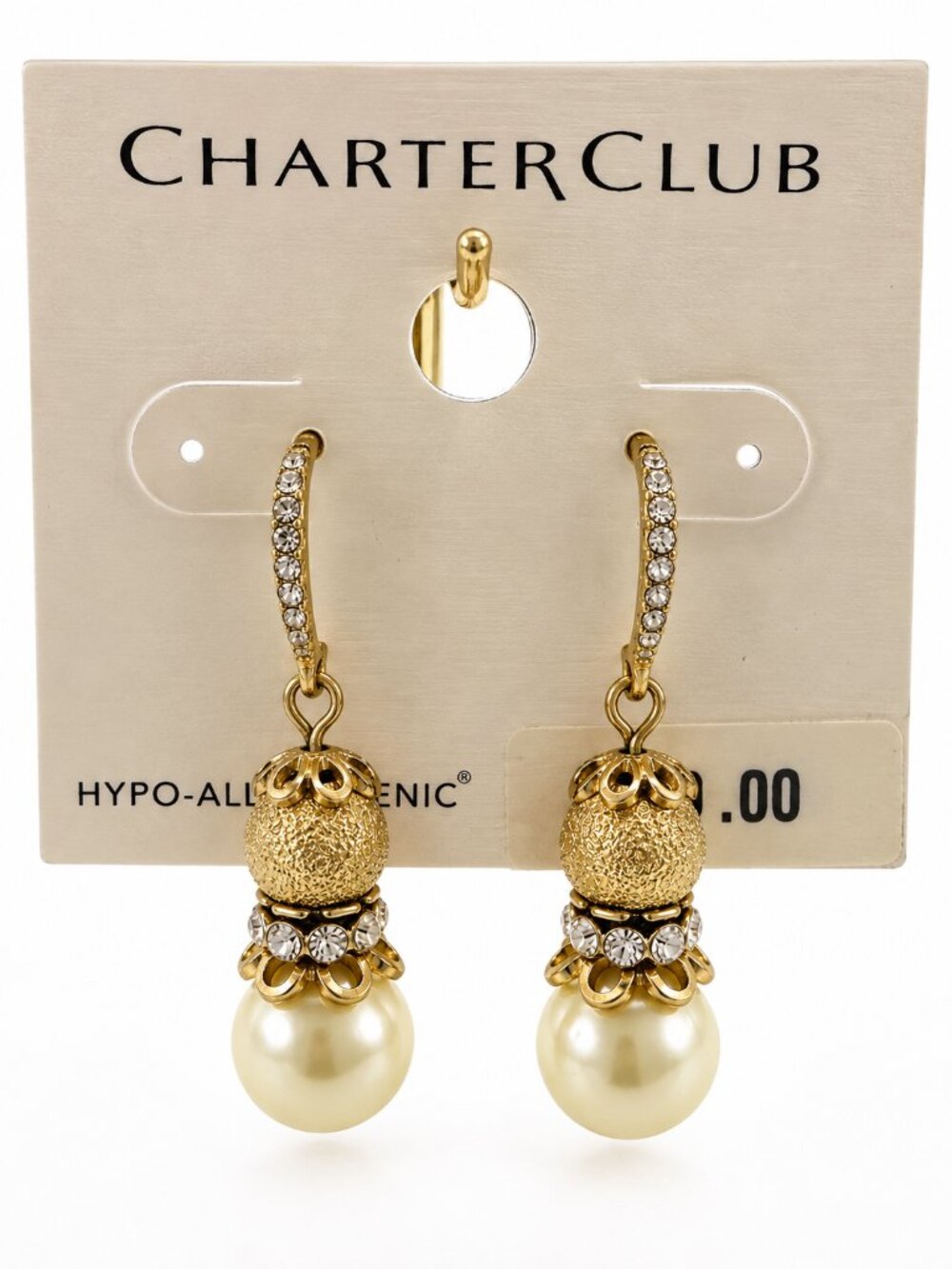 Charter Club Macy’s Faux Pearl Rhinestone Gold Tone Drop Earrings